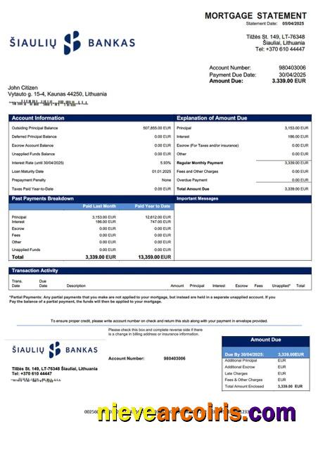 Lithuania AB Šiaulių bankas mortgage statement Word and PDF template